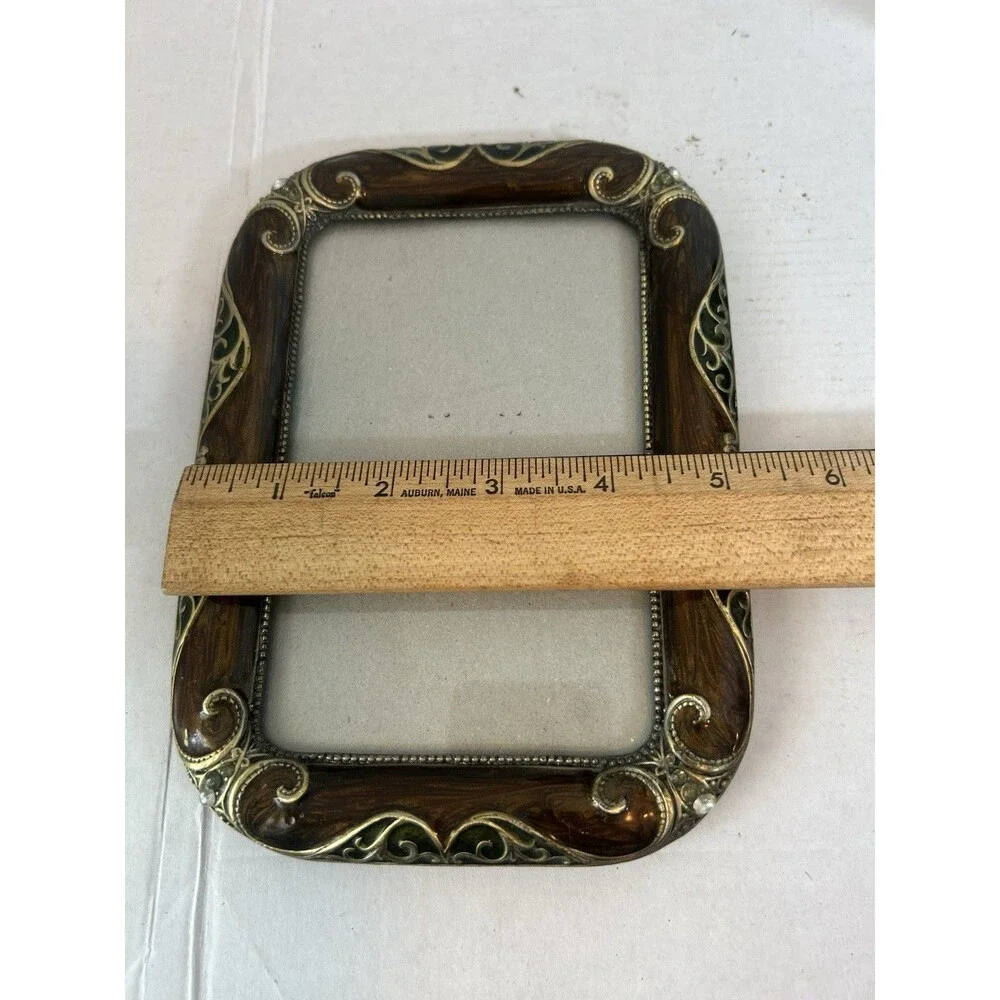 Vintage Ornate Metal & Wood Photo Frame Set Brown 4x6 & Red 3.5x5 Tabletop Decor